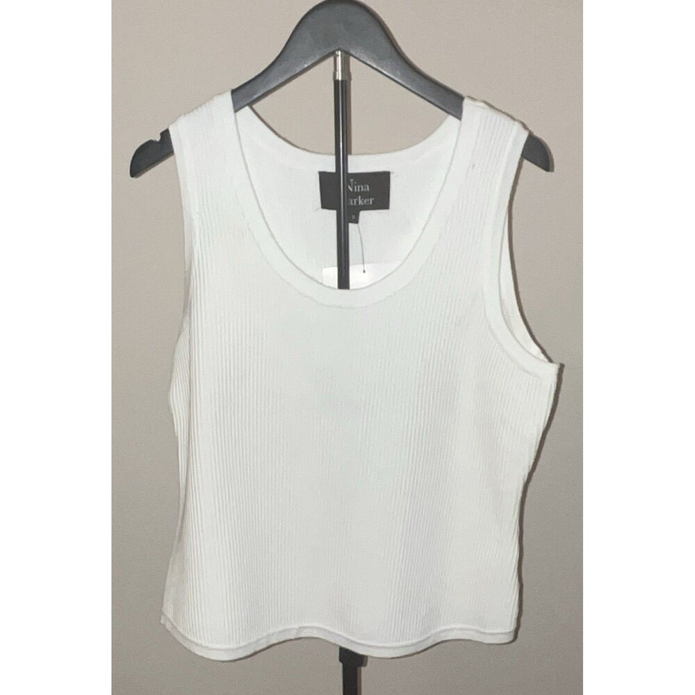 Nina Parker Women's 1X Plus White Ribbed Knit Scoop Neck Sleeveless Tank Top